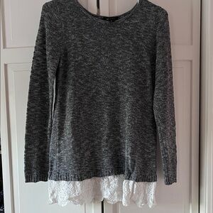 Gray Sweater with Lace Hem